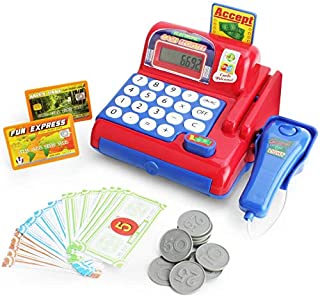 Boley Toy Cash Register with Scanner - Red and Blue Toddler Cash Register Toy for Kids with Real Calculator, Play Money, Credit Card Reader