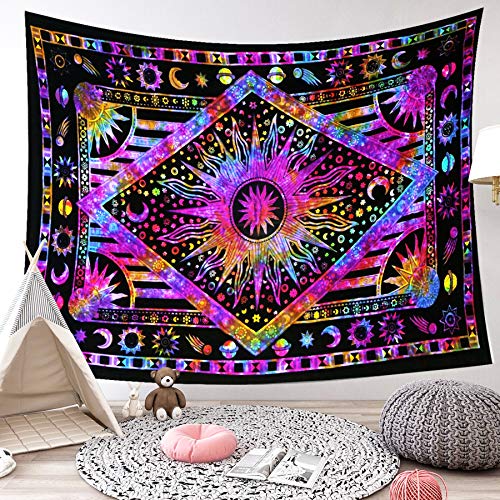 LIGICKY Burning Sun Tapestry, Psychedelic Celestial Sun Moon Planet Tie Dye Bohemian Wall Hanging Boho Hippie Wall Art Tapestries Home Decorations for Living Room Bedroom Dorm, Purple 59.1