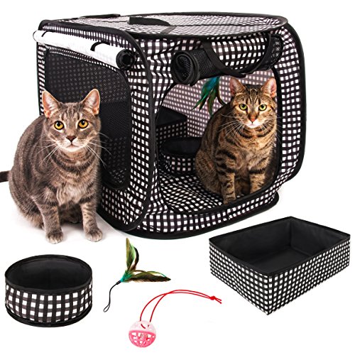 CHEERING PET, Stress Free Cat Cage, Portable Cat Condo Cage, Collapsible Travel Litter Box, Foldable Feeding Bowl,Feather Teaser and Ball, Carrying Bag, Extra Large 32