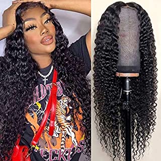 Blomas T-part Lace Front Wigs Human Hair Middle Part Long Deep Wave Human Hair Wigs for Black Women Brazilian Curly Virgin Human Hair Lace Frontal Wig Natural Color 24 Inch