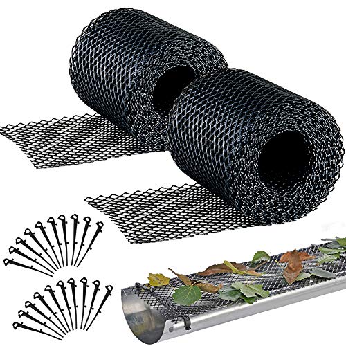 Plastic Gutter Guard Mesh 2 PCS, Gardtech Leaf Protection 6.1in Wide by 2x20ft Long Mesh Gutter Guards Roll Leaf Guard Splash Roof Panels Black with 20 Fixed Hooks