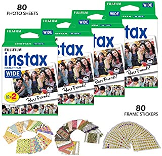 Fujifilm Instax Wide Instant Film and Frame Stickers  80 Wide Format Photo Sheets, ISO800, Glossy Finish  80 Bonus Fun Picture Stickers - for Instax 210, 200, 100, 300