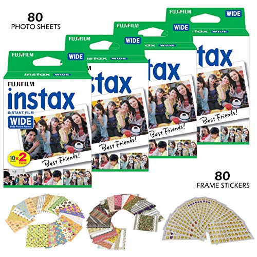 Fujifilm Instax Wide Instant Film and Frame Stickers  80 Wide Format Photo Sheets, ISO800, Glossy Finish  80 Bonus Fun Picture Stickers - for Instax 210, 200, 100, 300