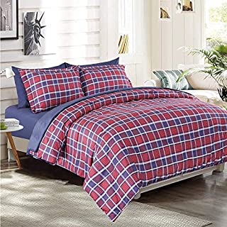 EMME 7-Piece Bed-in-A-Bag Bedding Comforter Set Luxurious Brushed Microfiber Goose Down Alternative Comforter Soft and Comfortable Machine Washable (Full/Queen, Red Plaid)