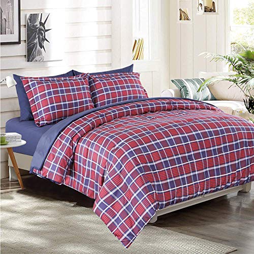 EMME 7-Piece Bed-in-A-Bag Bedding Comforter Set Luxurious Brushed Microfiber Goose Down Alternative Comforter Soft and Comfortable Machine Washable (Full/Queen, Red Plaid)