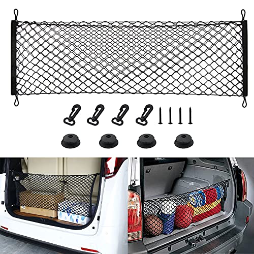 Rear Cargo Net Stretchable,Universal Adjustable Trunk Cargo Storage Organizer Compatible for SUV, Jeep, Truck,Storage Nylon Mesh Double-Layer with Hooks