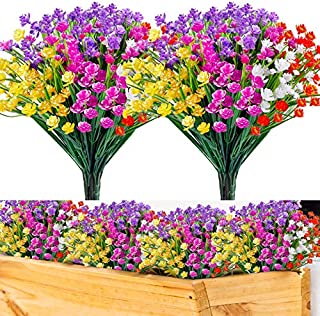 HATOKU 24pcs Artificial Flowers Outdoor UV Resistant Fake Shrubs Plants for Farmhouse Gravesite Porch Window Box Decoration (5 pcs Purple, Magenta, Red, Yellow and 4pcs White)