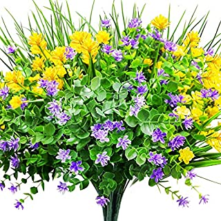 CEWOR 9pcs Artificial Flowers Outdoor UV Resistant Shrubs Plants for Hanging Planter Home Wedding Porch Window DecorYellow, Purple, Green