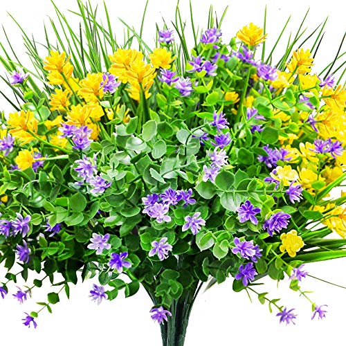 CEWOR 9pcs Artificial Flowers Outdoor UV Resistant Shrubs Plants for Hanging Planter Home Wedding Porch Window DecorYellow, Purple, Green