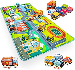 UNIH Soft Plush Car Toy Toddler Toys with Baby Play Gym Activity Mat Baby Pull-Back Vehicle Set 12 Pcs Cars 1 Year Old Toys for Boys Girls