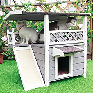 Petsfit Cat House for Outdoor Cats Weatherproof with Scratching Pad and Escape Door, Outside Feral Cat Shelter for 1-2 Cats