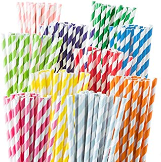 Weemium 200 Biodegradable Paper Straws - Durable & Eco-Friendly in 10 Color Stripes - Rainbow Drinking Straws & Party Decoration Supplies