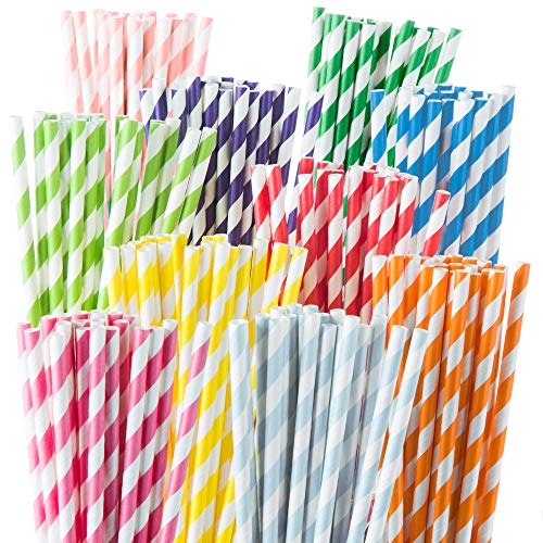 Weemium 200 Biodegradable Paper Straws - Durable & Eco-Friendly in 10 Color Stripes - Rainbow Drinking Straws & Party Decoration Supplies