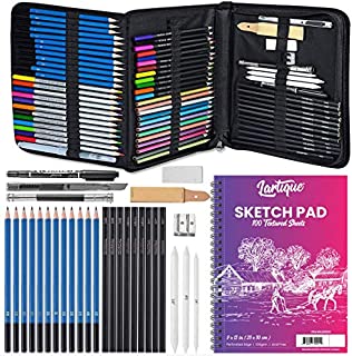 Lartique 72-Piece Drawing Kit - Sketch Pad & Case, Set of Graphite, Charcoal, Watercolor, Metallic & Colored Pencils, Art Knife, Pencil Extender, Marker, Sandpaper, Blending Tips, Eraser, Sharpener