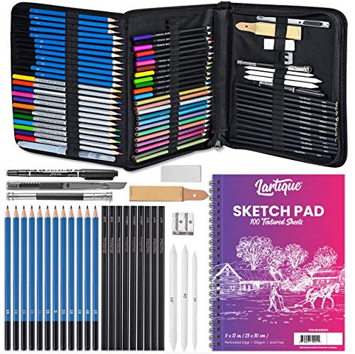 Lartique 72-Piece Drawing Kit - Sketch Pad & Case, Set of Graphite, Charcoal, Watercolor, Metallic & Colored Pencils, Art Knife, Pencil Extender, Marker, Sandpaper, Blending Tips, Eraser, Sharpener