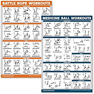 QuickFit 2 Pack - Medicine Ball Workouts and Battle Rope Exercise Poster Set - Set of 2 Fitness Charts (Laminated, 18