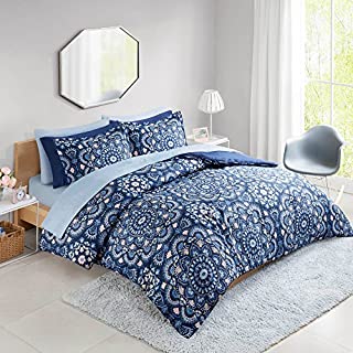 Comfort Spaces Bed in A Bag - Trendy Casual Design Cozy Comforter with Complete Sheet Set with Side Pocket, All Season Cover, Matching Shams, Full, Cara Blue 9 Piece