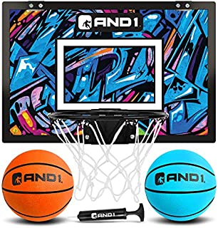 AND1 Mini Basketball Hoop: 18x12 Pre-Assembled Portable Over The Door with Flex Rim, Includes Two Deflated 5 Mini Basketball with Pump, for Indoor, Orange/Light Blue