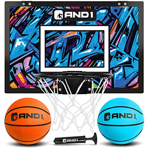 AND1 Mini Basketball Hoop: 18x12 Pre-Assembled Portable Over The Door with Flex Rim, Includes Two Deflated 5 Mini Basketball with Pump, for Indoor, Orange/Light Blue