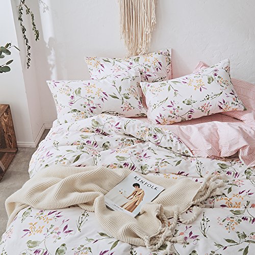 VKStar Botanical Flowers Branches Pattern Printed Duvet Cover Set Adults Queen 100% Cotton Floral Bedding Teenagers/Students Garden Style Leaves Birds 3pcs Duvet Cover with Zipper Closure