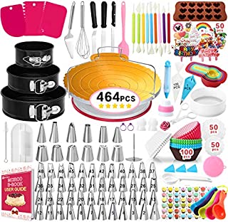 464 PCS Cake Decorating Supplies Kit with Baking Supplies, Springform Cake Pans Set, Cake Turntable stand, 48 Piping Icing Tips & Bags, 6 Russian Nozzles,Icing Spatulas,Fondant Tools,Measuring Tools