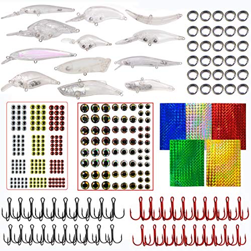 Unpainted Fishing Lures Blank Minnow Crankbaits Hard Bait Bodies Set Fishing Treble Hooks Fishing Split Rings DIY Fishing Tackle Kit 342pcs