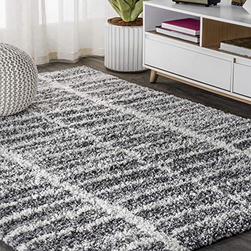 JONATHAN Y Merida Stacked Grid Shag Grey/Ivory 5 ft. x 8 ft. Area Rug, Bohemian, Easy Cleaning, For Bedroom, Kitchen, Living Room, Non Shedding