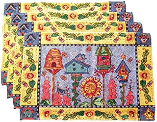 Birds and Bird Houses Woven Tapestry Place Mats - Set of 4 (Four Birdhouses - Yellow and Blue Border)