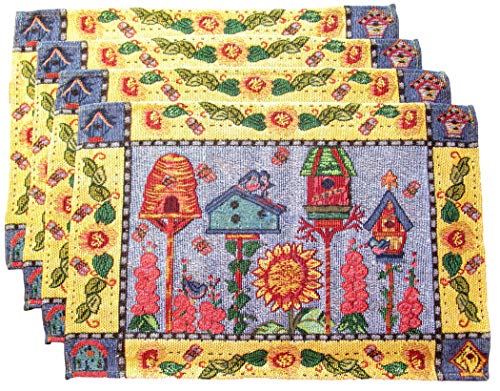 Birds and Bird Houses Woven Tapestry Place Mats - Set of 4 (Four Birdhouses - Yellow and Blue Border)