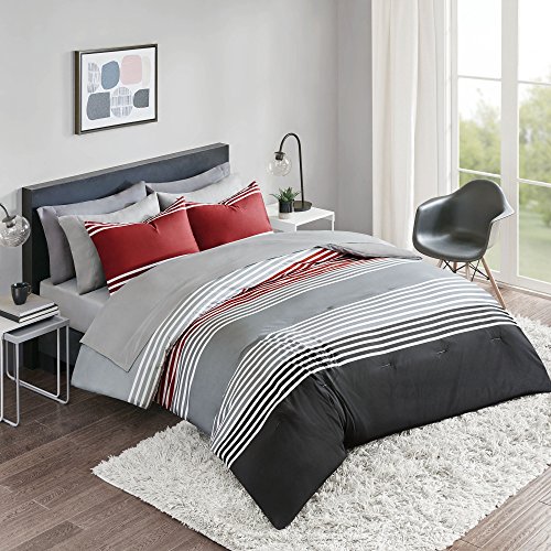 Comfort Spaces Colin 9 Piece Comforter Set All Season Microfiber Stripe Printed Bedding and Sheet with Two Side Pockets, Queen, Red/Grey