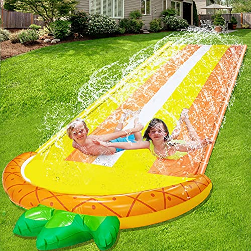 16.1ft x 76In Lawn Water Slides Slip for Kids, Double Race Pineapple Slip Slide Play Center Splash Sprinkler Inflatable Crash Pad for Children Summer Backyard Swimming Pool Games Outdoor Water Toys