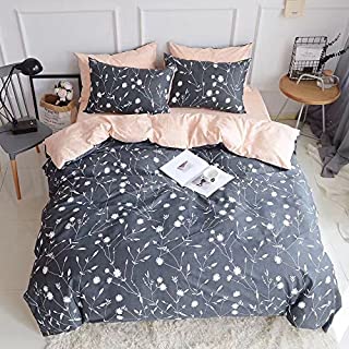 HIGHBUY Lightweight Flowers Duvet Cover Twin Kids Girls Bedding Sets Premium Cotton Comforter Cover Dark Grey Peach Floral Bedding Sets Twin Girls Duvet Cover Set