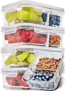 5 Pcs Glass Meal Prep Containers Glass 2 Compartment - Glass Food Storage Containers - Glass Storage Containers with Lids - Divided Glass Lunch Containers Food Container - Glass Food Containers 29oz