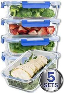 LARGER PREMIUM 5 SET 36 Oz. Glass Meal Prep Containers with Lifetime Lasting Snap Locking Lids Glass Food Containers BPA-Free